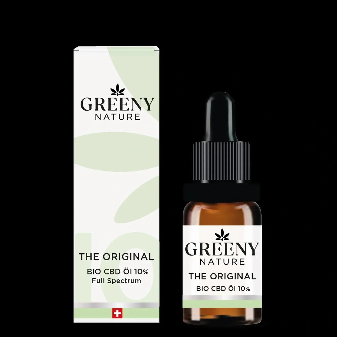 GreenyNature Bio CBD Öl 10 % mit Verpackung und Pipettenflasche