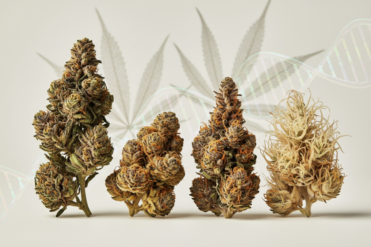 Verschiedene CBD-Blüten als Beispiel für unterschiedliche Cannabis-Genetiken