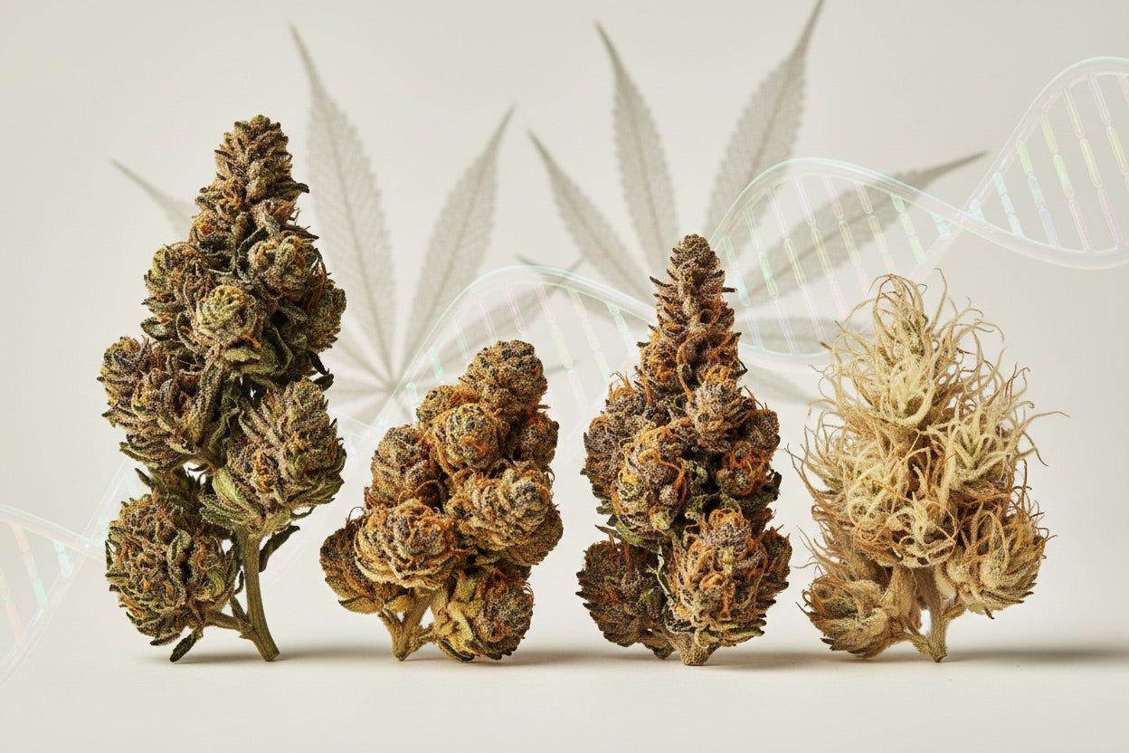 Verschiedene CBD-Blüten als Beispiel für unterschiedliche Cannabis-Genetiken