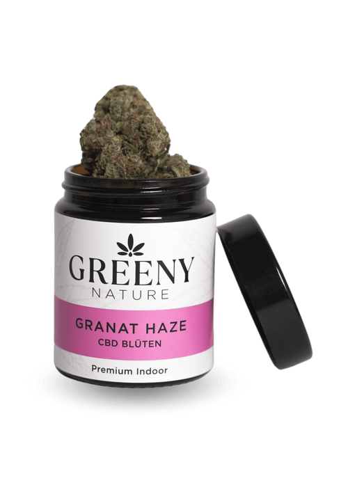 Produktbild Granat Haze CBD-Blüten im 5G Glas – freigestellt, hochwertig & detailreich dargestellt