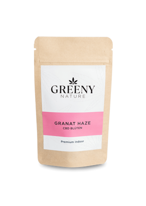 Produktbild Granat Haze CBD-Blüten im geschlossenen 1G Standbodenbeutel – freigestellt & hochwertig präsentiert