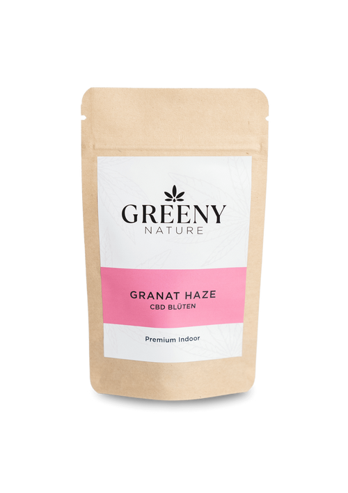 Produktbild Granat Haze CBD-Blüten im geschlossenen 1G Standbodenbeutel – freigestellt & hochwertig präsentiert