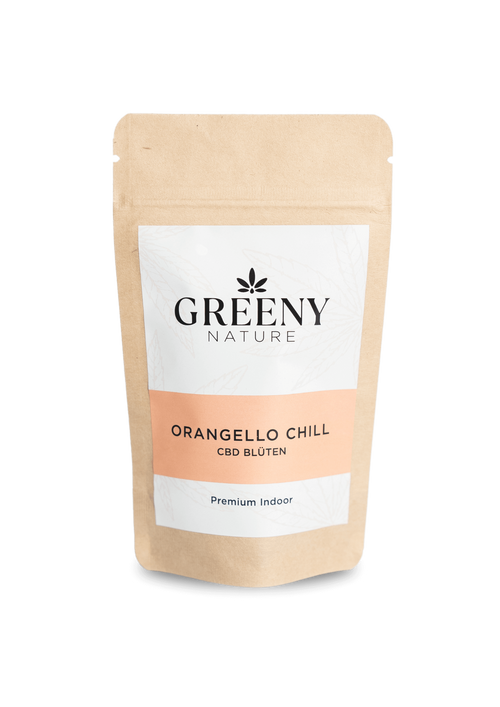 Produktbild Orangello Chill CBD-Blüten im geschlossenen 1G Standbodenbeutel – freigestellt & hochwertig dargestellt.