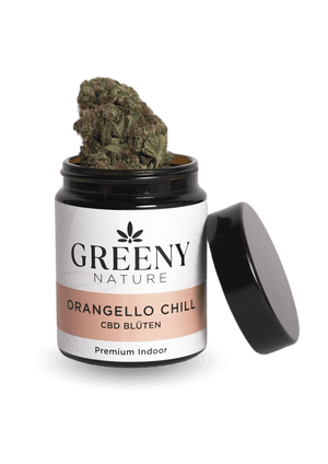 Produktbild zu sehen ist die offene Glasverpackung der CBD Blüte Orangello Chill auf freigestelltem Hintergrund 