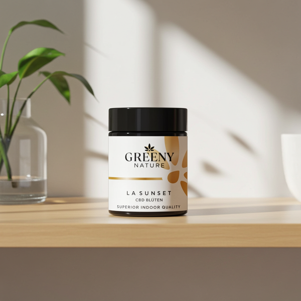 GreenyNature LA Sunset CBD Blüten im Glastiegel auf einem hellen Holzregal
