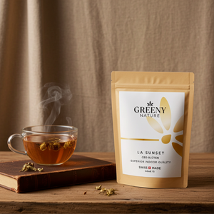 GreenyNature LA Sunset CBD Blüten im Standbeutel neben einer Tasse Tee