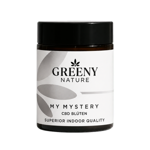 GreenyNature Mystery CBD Blüten – monochromer transparenter Glastiegel in Größe von LA Sunset