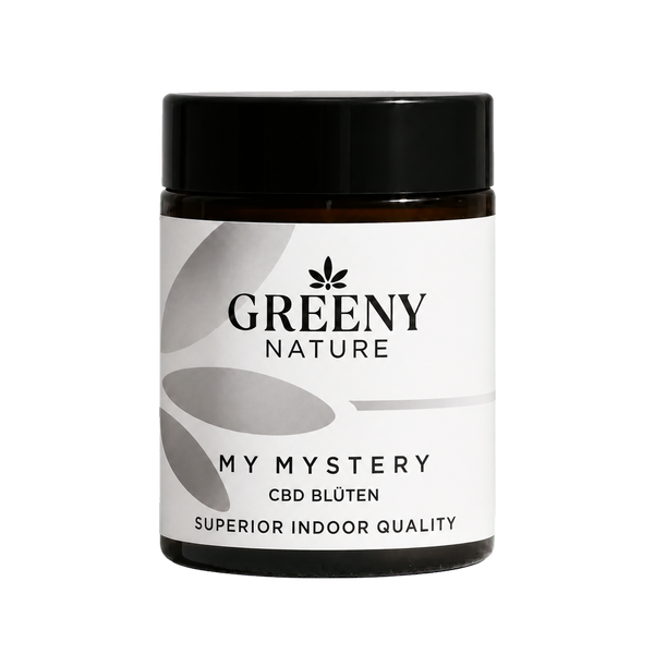 GreenyNature Mystery CBD Blüten – monochromer transparenter Glastiegel in Größe von LA Sunset